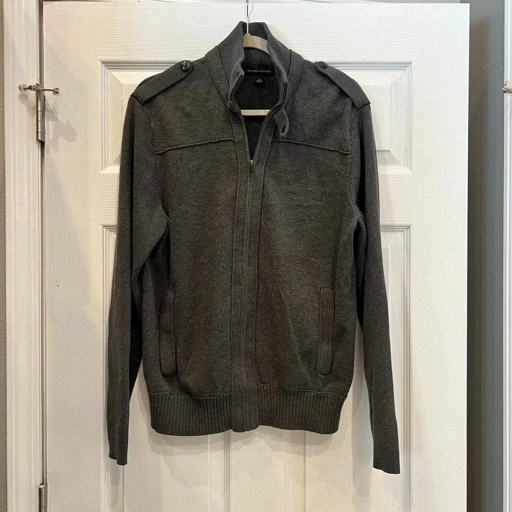 Banana Republic Cardigan Pima Cotton Wool Military Charcoal Grey Mock Neck M